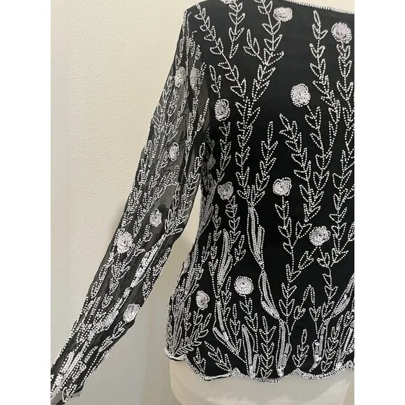 Vtg Stenay silk beaded blk white top evening long sleeves scalloped hem size M/L - Picture 4 of 8